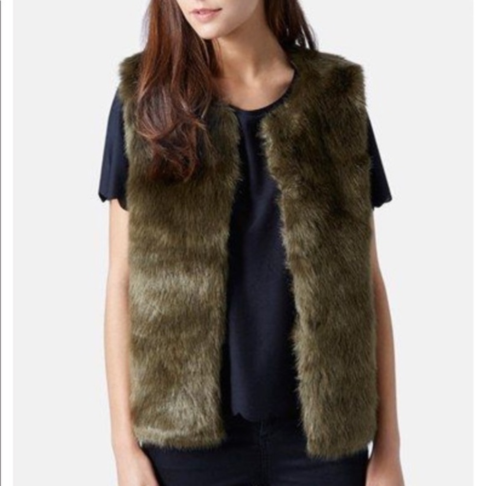 TOPSHOP Olive Green Faux Fur Vest